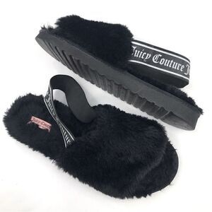 Juicy Couture Black Fuzzy Faux Fur Peep Toe Signature Slippers